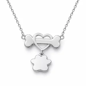 Sterling Silver Dog Bone Necklace with Heart and Paw, reverse detail