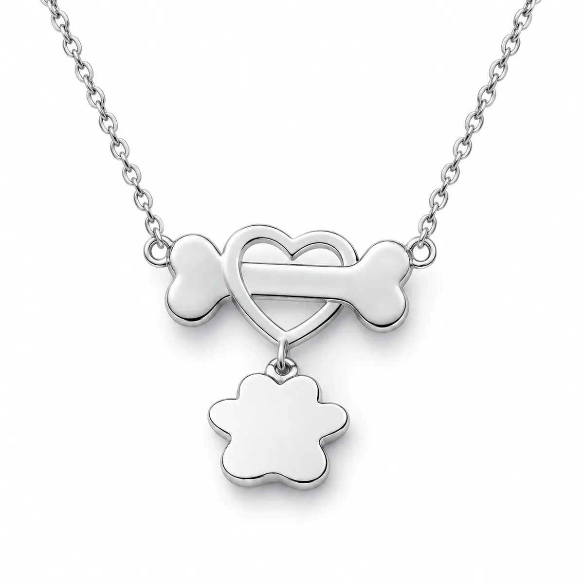 Sterling Silver Dog Bone Necklace with Heart and Paw, reverse detail