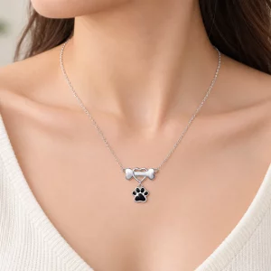 Sterling Silver Dog Bone Necklace with Heart and Paw, worn view