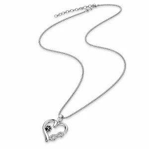 Sterling Silver Heart and Infinity Paw Print Necklace, angled view