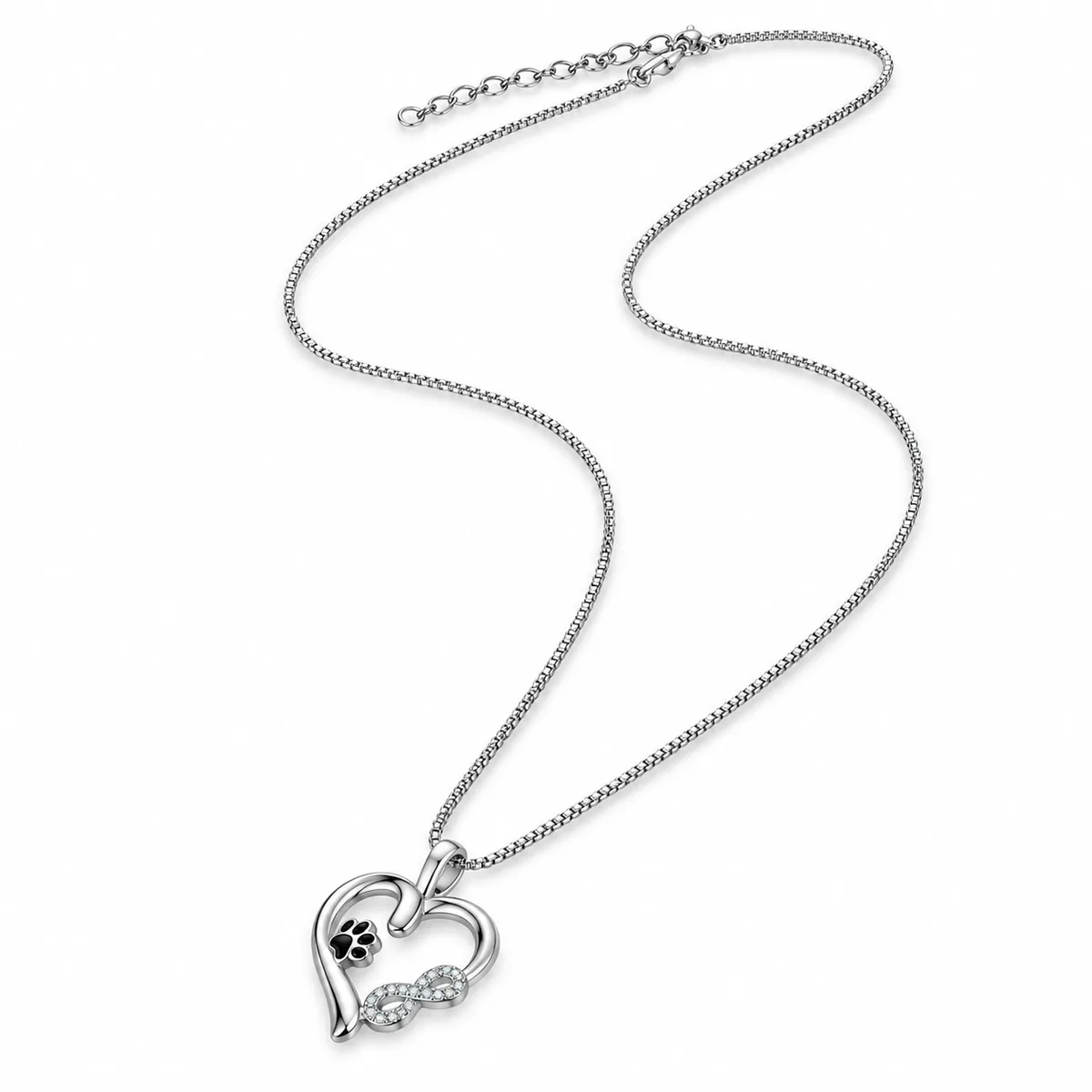 Sterling Silver Heart and Infinity Paw Print Necklace, angled view