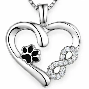 Sterling Silver Heart and Infinity Paw Print Necklace, close-up detail