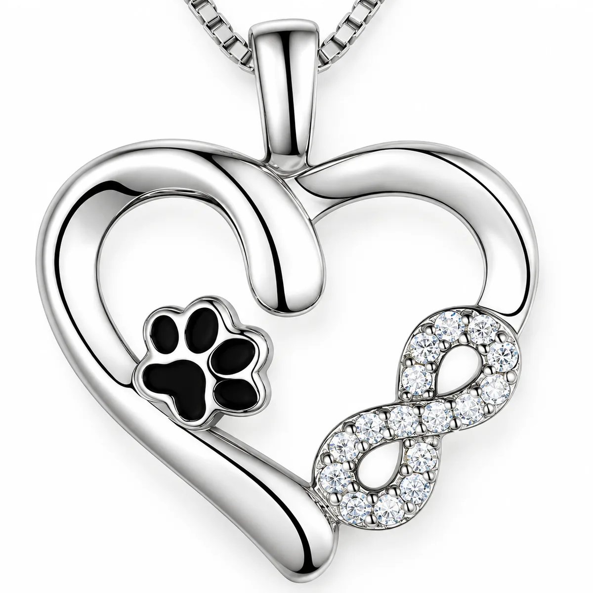 Sterling Silver Heart and Infinity Paw Print Necklace, close-up detail