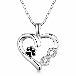 Sterling Silver Heart and Infinity Paw Print Necklace, front view