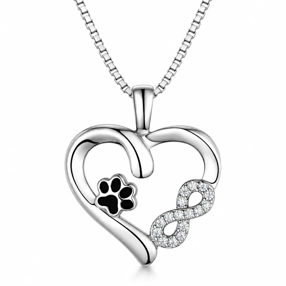 Sterling Silver Heart and Infinity Paw Print Necklace, front view