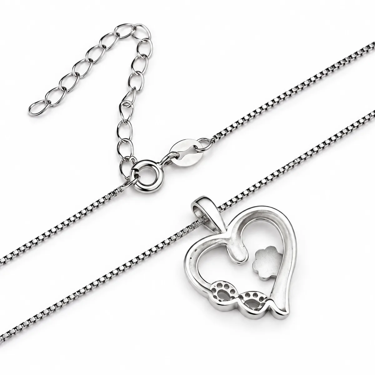Sterling Silver Heart and Infinity Paw Print Necklace, reverse detail