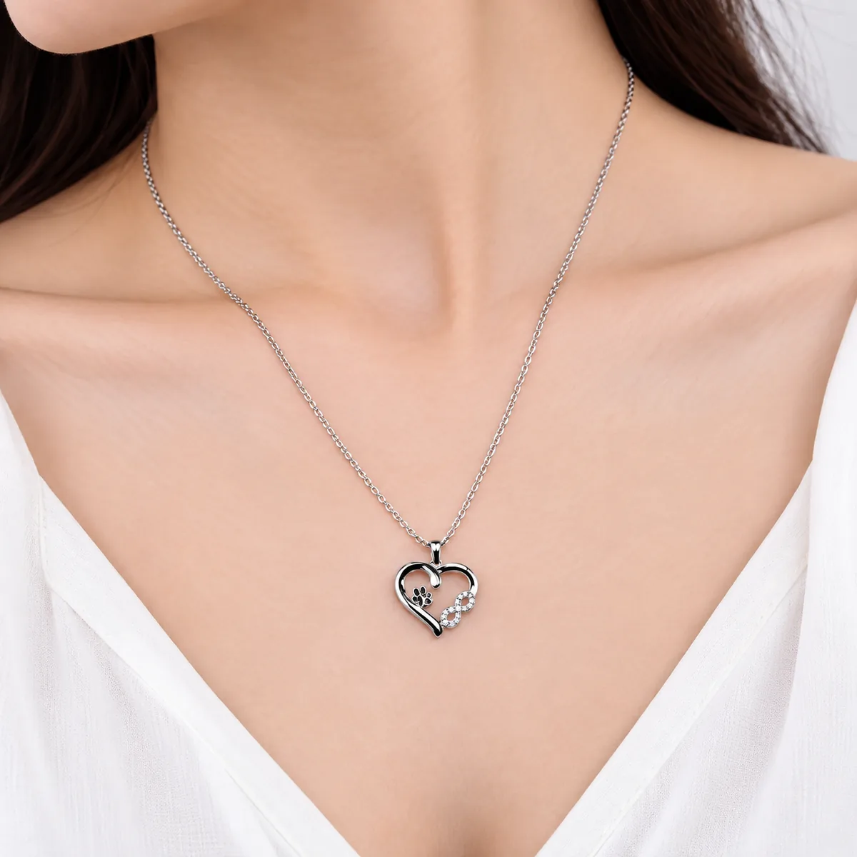 Sterling Silver Heart and Infinity Paw Print Necklace, worn view