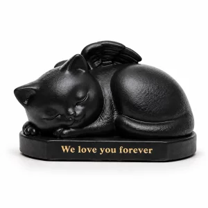 Black curled sleeping cat urn with angel wing, oval base and gold text