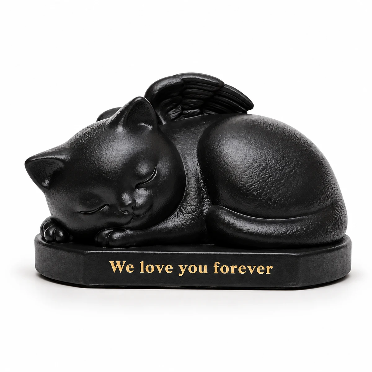 Black curled sleeping cat urn with angel wing, oval base and gold text