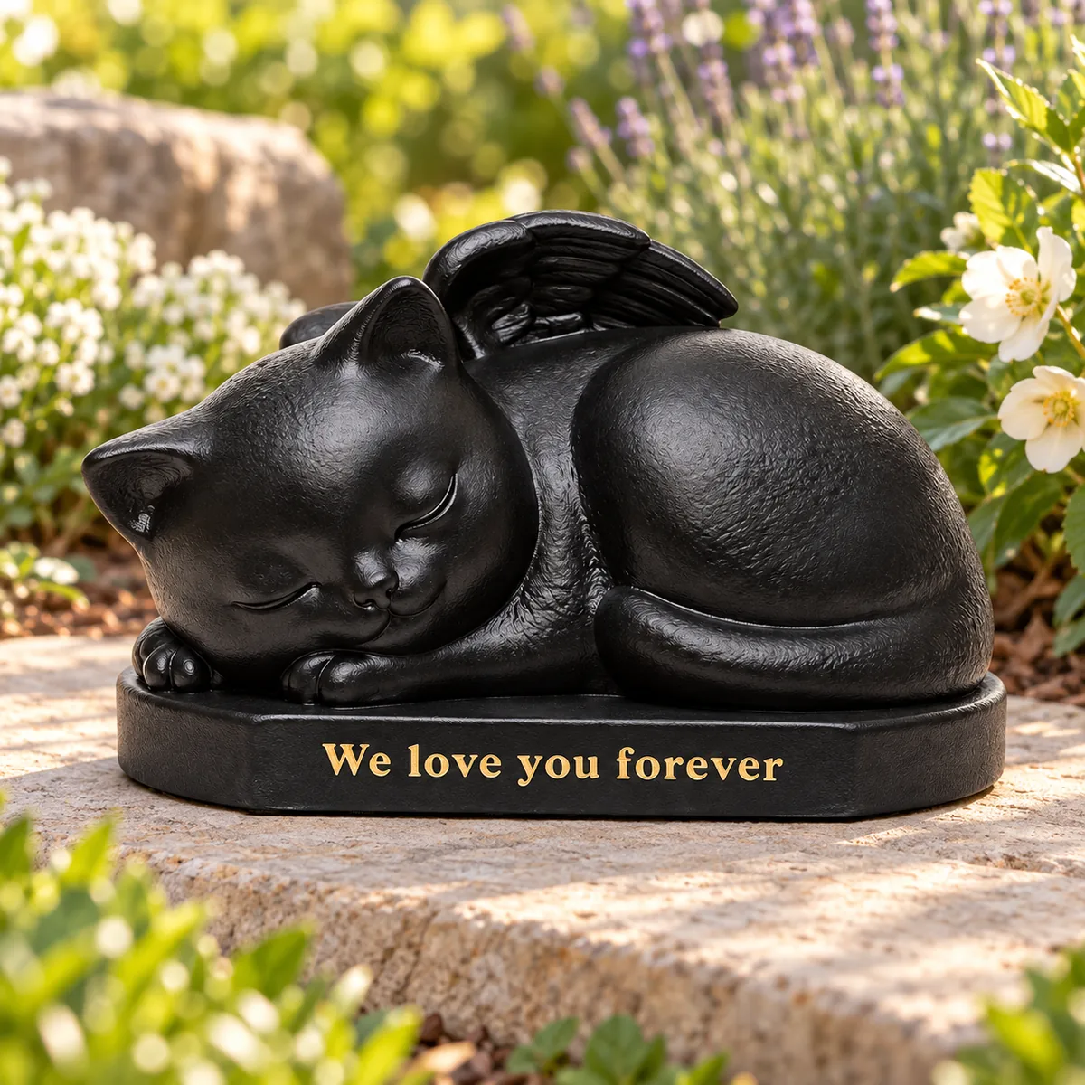 Black sleeping angel cat urn sculpture on a flat garden paver beside flowers