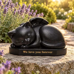 Black sleeping angel cat urn sculpture on a level stone beside a garden path and lavender