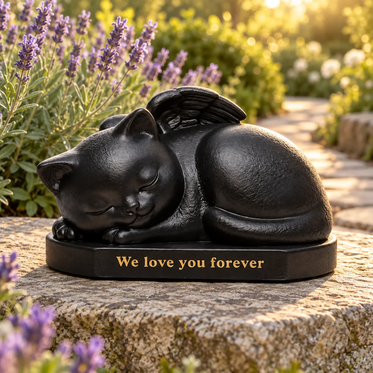 Black sleeping angel cat urn sculpture on a level stone beside a garden path and lavender
