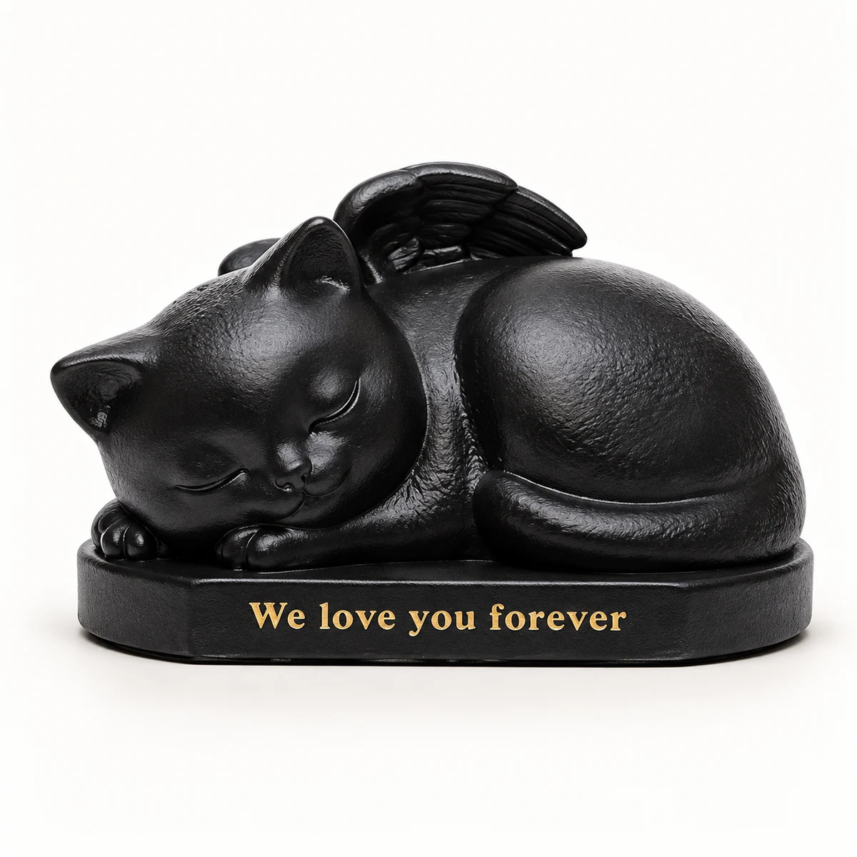 Black sleeping angel cat memorial urn sculpture with a wing and gold inscription