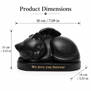 Sleeping angel cat urn exterior dimensions: 18 cm long, 14 cm deep and 11 cm high