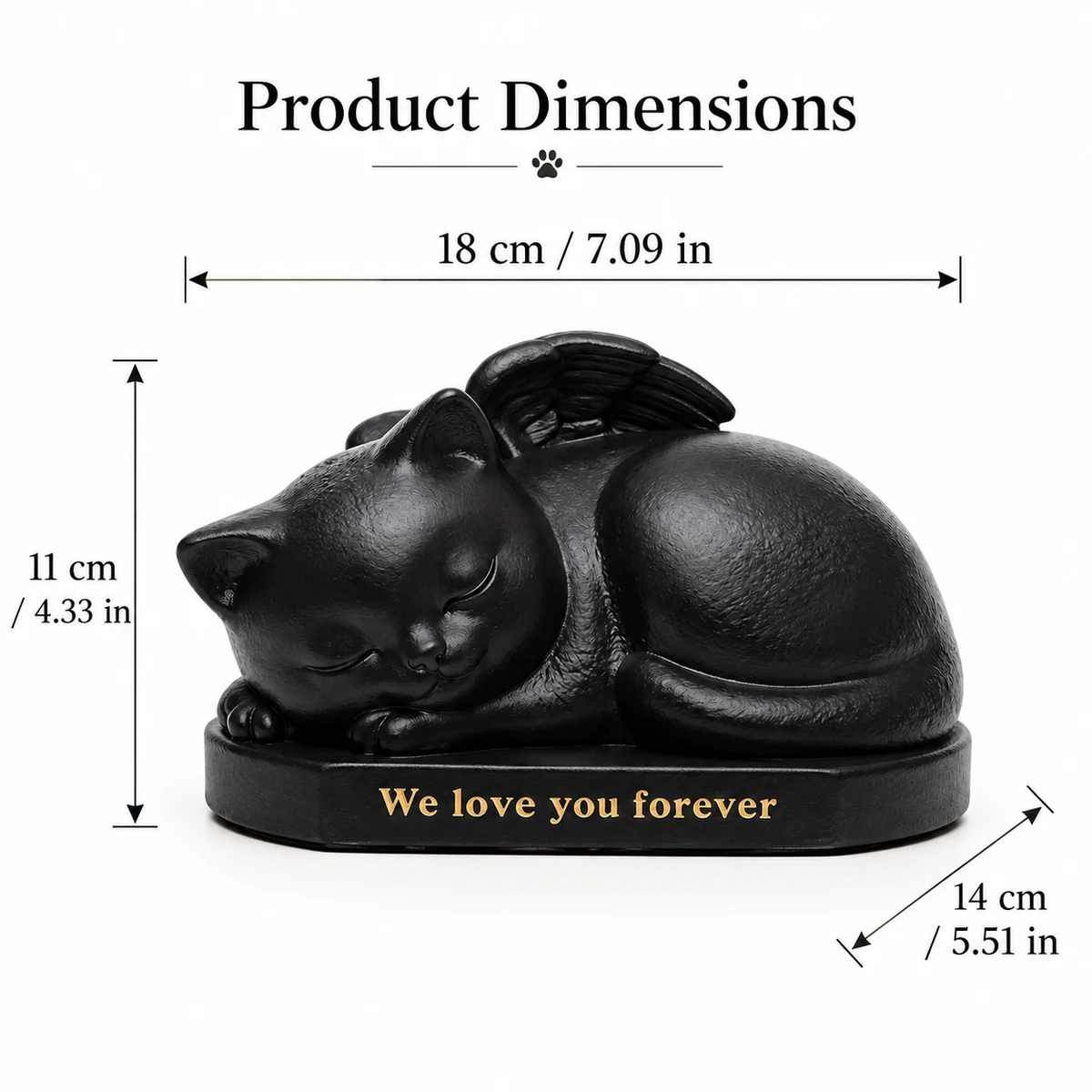 Sleeping angel cat urn exterior dimensions: 18 cm long, 14 cm deep and 11 cm high