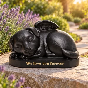 Black sleeping angel dog urn sculpture on a level stone beside a garden path and lavender