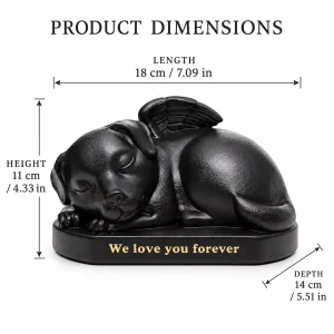 Sleeping angel dog urn exterior dimensions: 18 cm long, 14 cm deep and 11 cm high