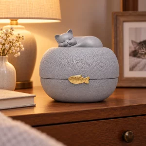 Gray sleeping cat pet urn on a warmly lit indoor dresser