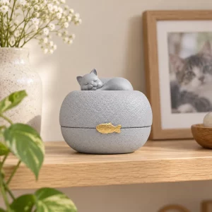 Sleeping cat pet urn displayed on an indoor oak remembrance shelf