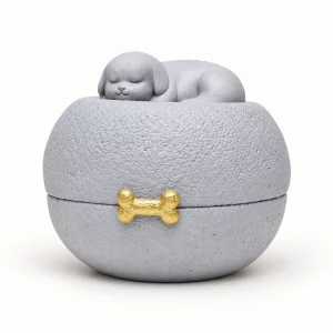 Sleeping puppy sculpture resting on a round gray pet urn with gold bone accent