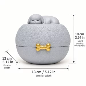 Sleeping dog pet urn exterior dimensions: 13 cm wide, 13 cm deep and 10 cm high