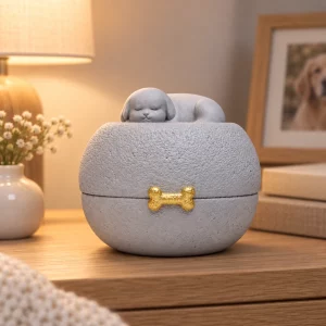 Gray sleeping dog pet urn on a warmly lit indoor dresser