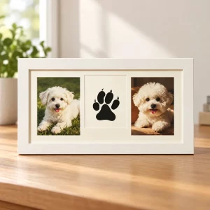 Three-Window Pet Memorial Frame with Paw Print Kit, displayed indoors