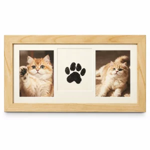 Three-Window Pet Memorial Frame with Paw Print Kit, natural wood-color finish