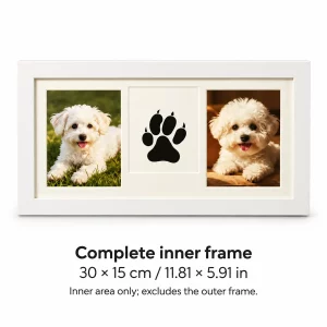 Three-Window Pet Memorial Frame with Paw Print Kit, dimensions in centimeters and inches