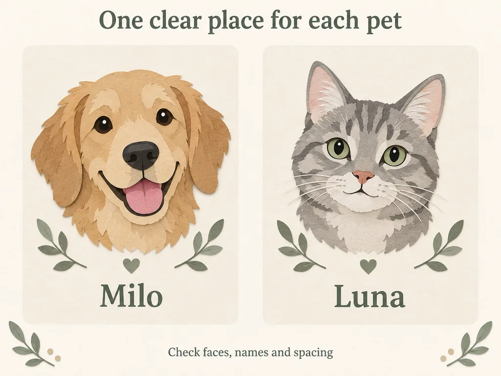 Paired portrait layout with Milo the dog on the left and Luna the cat on the right.