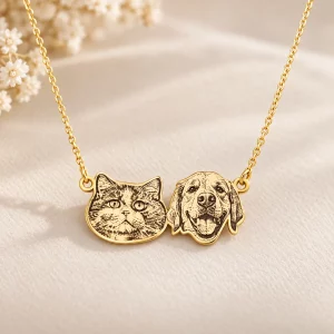 Two-Pet Portrait Necklace with Back Engraving, close-up detail