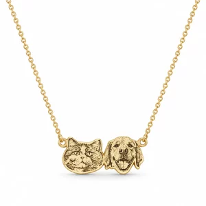 Two-Pet Portrait Necklace with Back Engraving, front view on white