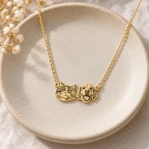 Two-Pet Portrait Necklace with Back Engraving, on a jewelry tray