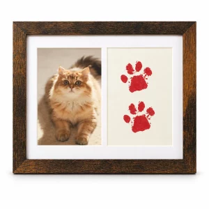 Two-Window Pet Memorial Frame with Paw Print Display, dark wood-color finish