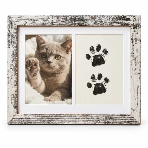 Two-Window Pet Memorial Frame with Paw Print Display, distressed white finish