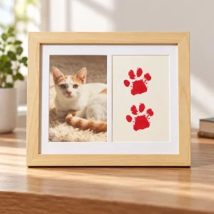 Two-Window Pet Memorial Frame with Paw Print Display, displayed indoors