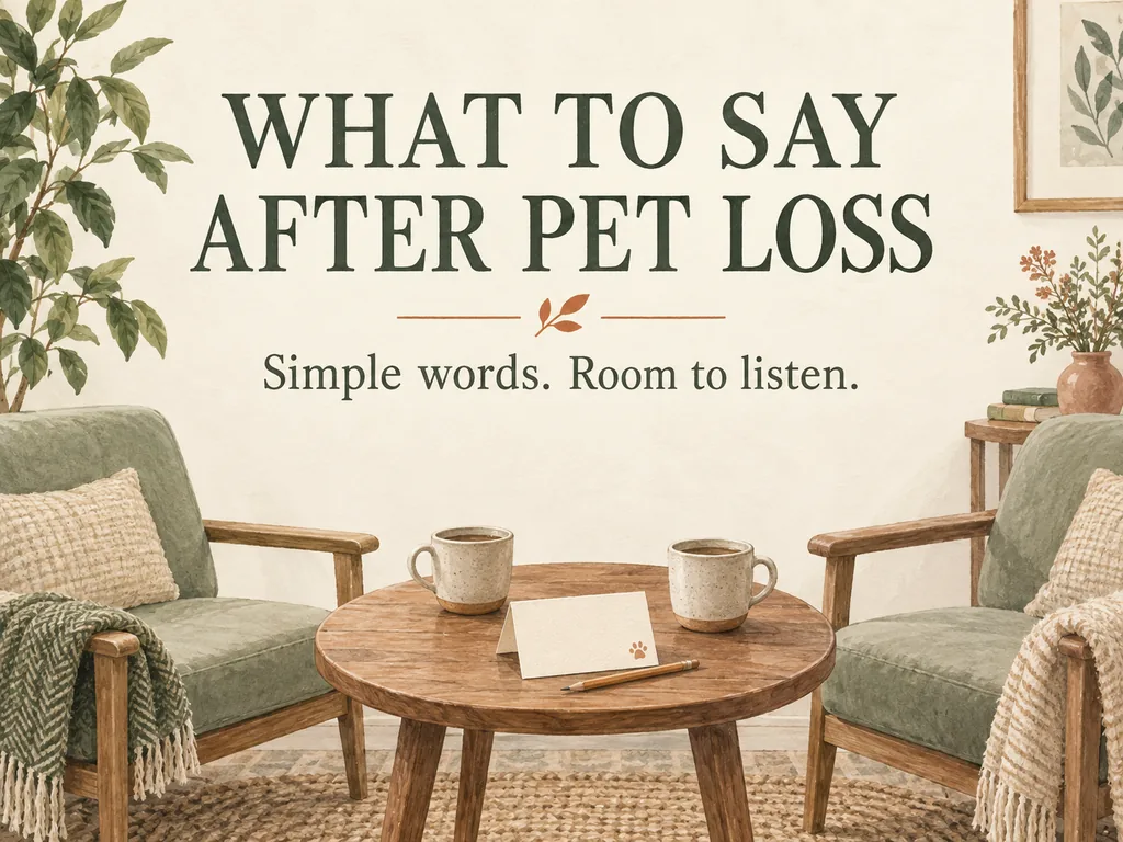 Two chairs and cups beside a note card under the title What to say after pet loss.