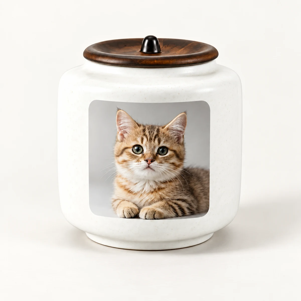 White ceramic urn with dark lid and sample tabby cat portrait on a light background