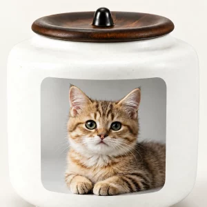 Close view of sample kitten photo and dark lid on a white ceramic pet urn