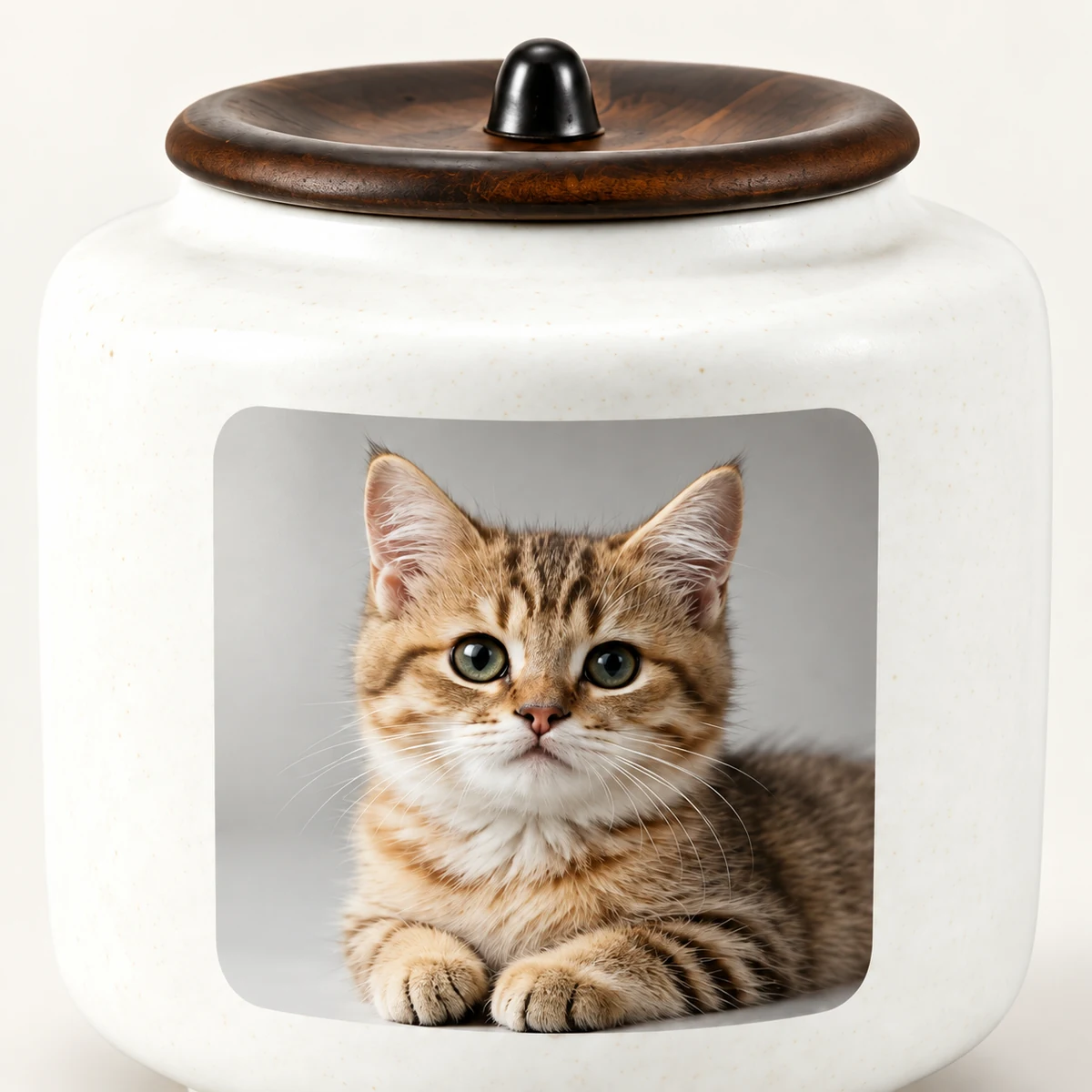 Close view of sample kitten photo and dark lid on a white ceramic pet urn
