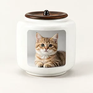 White ceramic pet photo urn with a sample tabby kitten portrait and dark brown lid