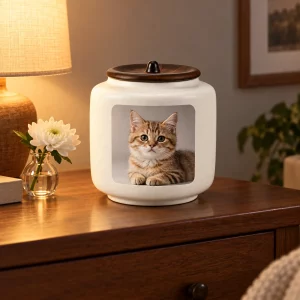 White ceramic cat photo urn on a bedroom dresser in warm evening light