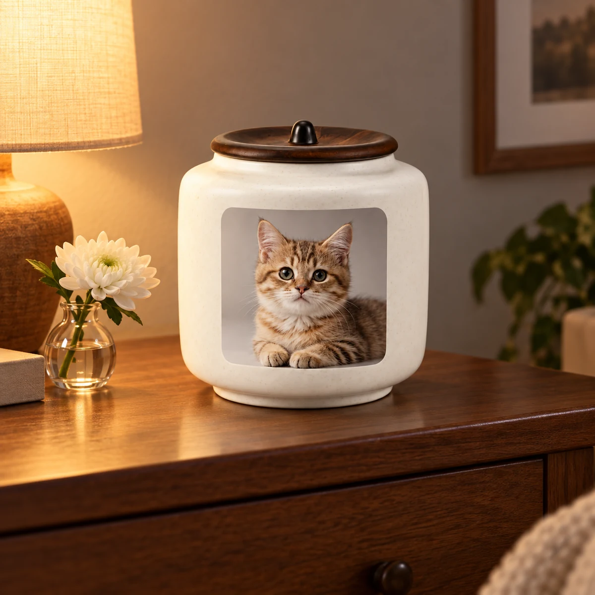 White ceramic cat photo urn on a bedroom dresser in warm evening light