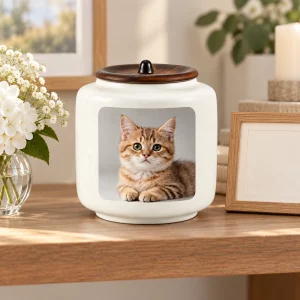 Cat photo ceramic urn on an indoor remembrance shelf with white flowers