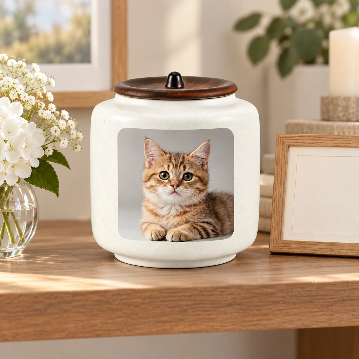 Cat photo ceramic urn on an indoor remembrance shelf with white flowers