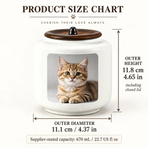 White ceramic pet photo urn size: 11.1 cm diameter, 11.8 cm height; supplier-stated capacity 670 mL