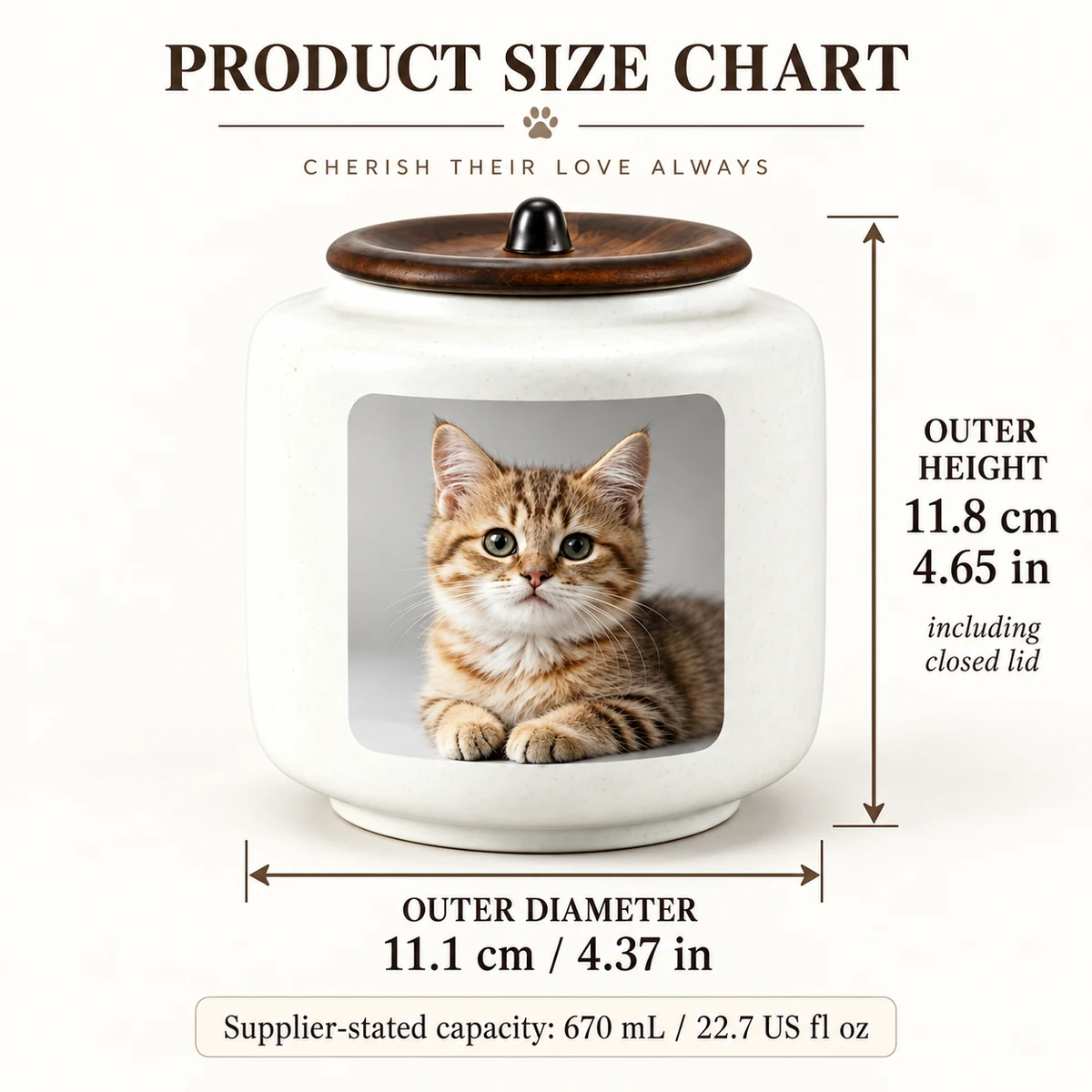 White ceramic pet photo urn size: 11.1 cm diameter, 11.8 cm height; supplier-stated capacity 670 mL