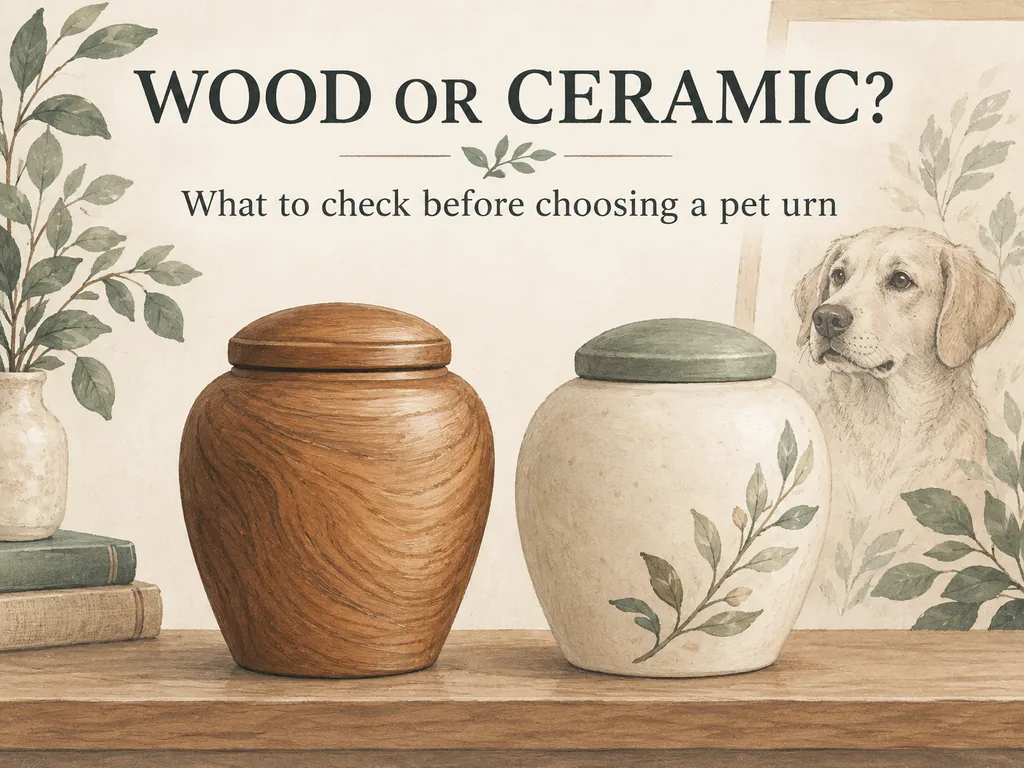 Illustrated wooden and ceramic urns beneath the words Wood or ceramic?